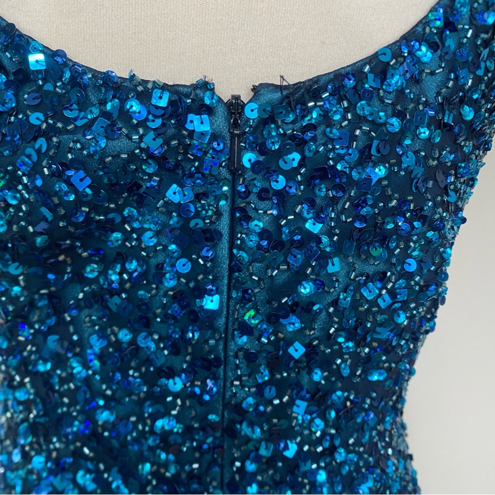 Vintage Women's Scala Blue Beaded Cap Sleeve Sheath Dress Size 14 Party Glam - Picture 8 of 16